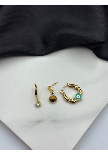 3'lü Gold Altın Renk Nazar Boncuğu Detaylı Zirkon Taşlı Tasarım Sallantılı Çelik Küpe fırsatları