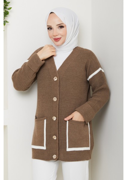 Kadın Şerit Detaylı Cepli Selanik Örgü Salaş Triko Hırka -PMK440