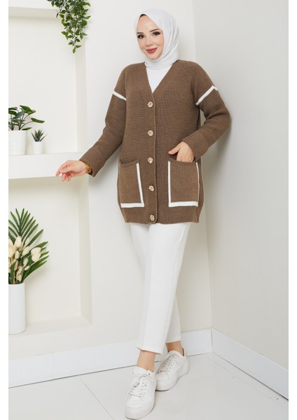 Kadın Şerit Detaylı Cepli Selanik Örgü Salaş Triko Hırka -PMK440 fiyatları