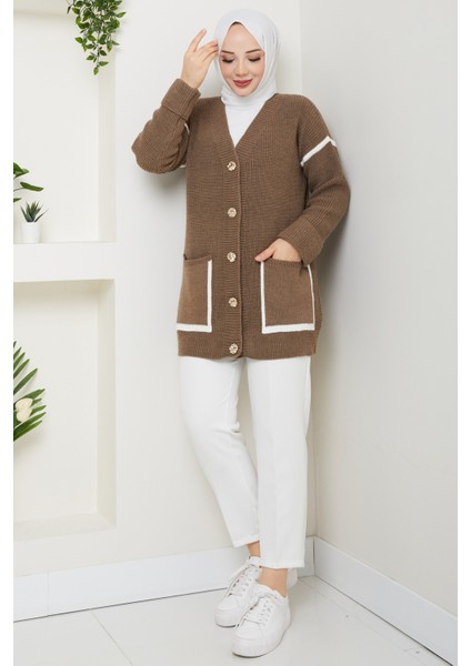 Kadın Şerit Detaylı Cepli Selanik Örgü Salaş Triko Hırka -PMK440 modelleri