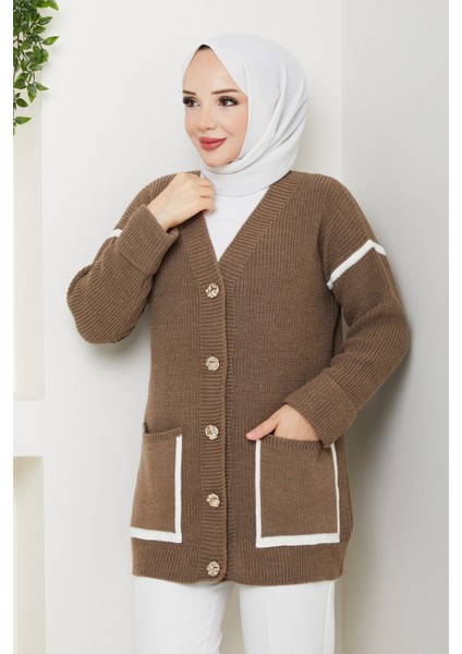 Kadın Şerit Detaylı Cepli Selanik Örgü Salaş Triko Hırka -PMK440 fırsatları