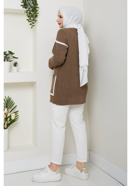 Kadın Şerit Detaylı Cepli Selanik Örgü Salaş Triko Hırka -PMK440 indirimleri