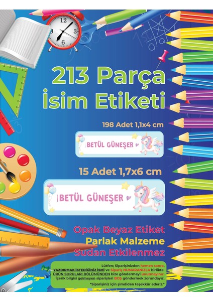Okul Etiketi Kalem Defter Etiketi, Unicorn - 213 Adet Opak Sticker modelleri