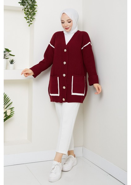 Kadın Şerit Detaylı Cepli Selanik Örgü Salaş Triko Hırka -PMK440