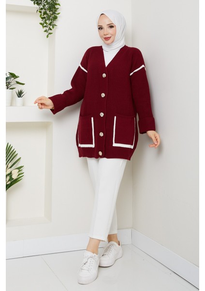 Kadın Şerit Detaylı Cepli Selanik Örgü Salaş Triko Hırka -PMK440 fiyatları