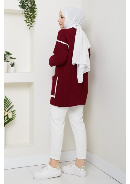Kadın Şerit Detaylı Cepli Selanik Örgü Salaş Triko Hırka -PMK440 modelleri