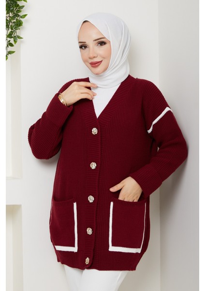 Kadın Şerit Detaylı Cepli Selanik Örgü Salaş Triko Hırka -PMK440 fırsatları