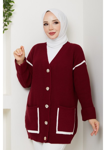 Kadın Şerit Detaylı Cepli Selanik Örgü Salaş Triko Hırka -PMK440 indirimleri