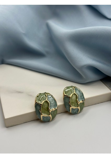 Mavi Yeşil Mineli Gold Altın Detaylı Tasarım Küpe