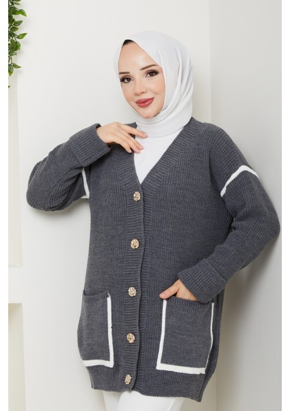 Kadın Şerit Detaylı Cepli Selanik Örgü Salaş Triko Hırka -PMK440