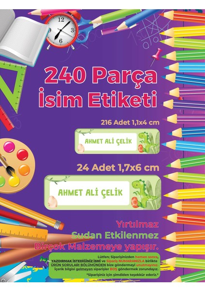 Okul Etiketi, Kalem Defter Etiketi, Şirin Dinazor Etiketi - 240 Adet Folyo Sticker