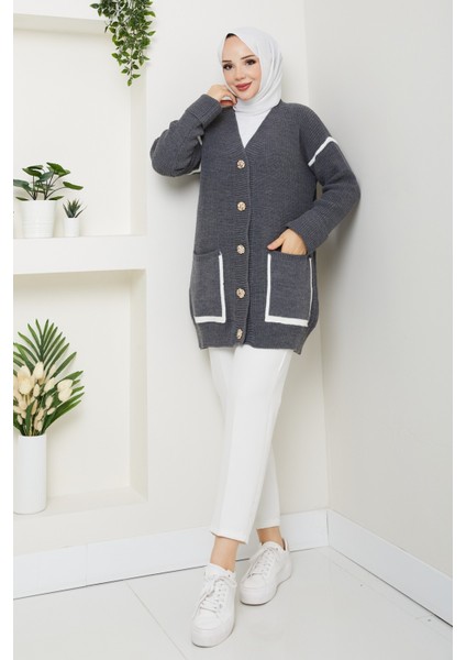 Kadın Şerit Detaylı Cepli Selanik Örgü Salaş Triko Hırka -PMK440 fiyatları