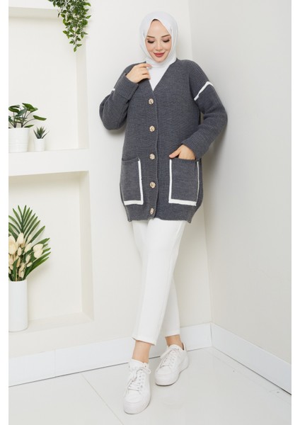 Kadın Şerit Detaylı Cepli Selanik Örgü Salaş Triko Hırka -PMK440 modelleri