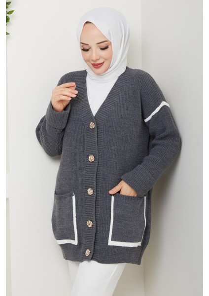 Kadın Şerit Detaylı Cepli Selanik Örgü Salaş Triko Hırka -PMK440 indirimleri