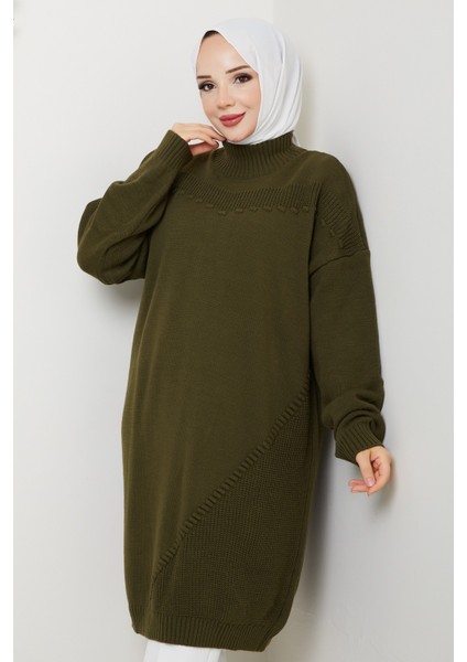 Kadın Yarım Balıkçı Yaka Örgü Detaylı Triko Tunik -PMK442