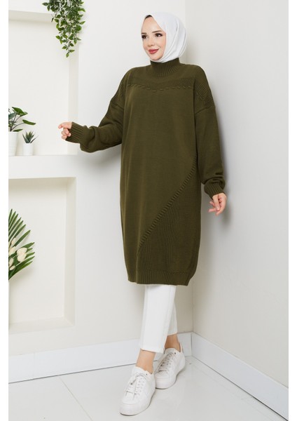 Kadın Yarım Balıkçı Yaka Örgü Detaylı Triko Tunik -PMK442 fiyatları