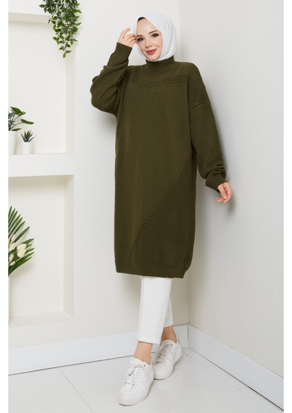 Kadın Yarım Balıkçı Yaka Örgü Detaylı Triko Tunik -PMK442 modelleri