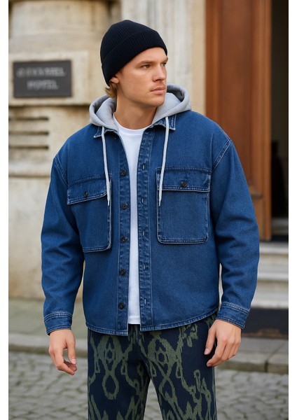 Erkek Bol Cepli Oversize Kapşonlu Mavi Kot Ceket