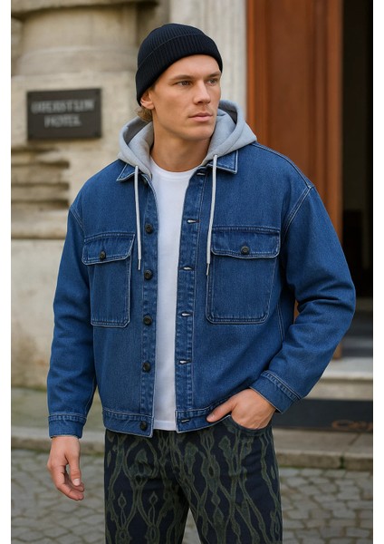 Erkek Bol Cepli Oversize Kapşonlu Mavi Kot Ceket fiyatları