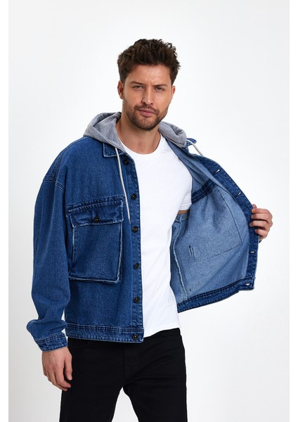 Erkek Bol Cepli Oversize Kapşonlu Mavi Kot Ceket fırsatları