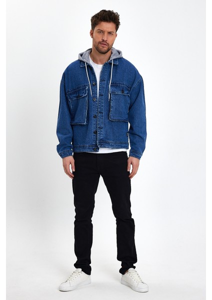 Erkek Bol Cepli Oversize Kapşonlu Mavi Kot Ceket indirimleri