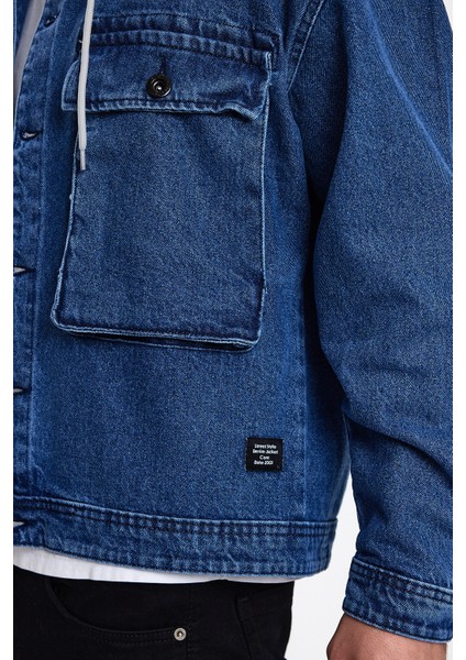 Erkek Bol Cepli Oversize Kapşonlu Mavi Kot Ceket