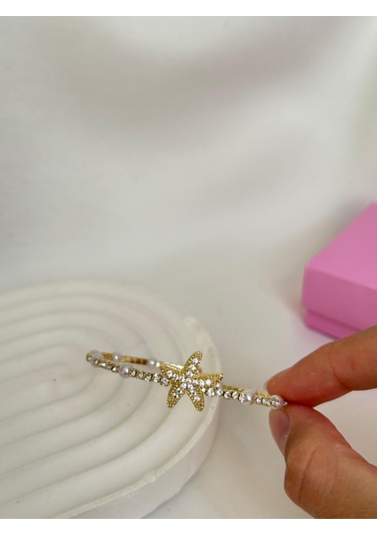 Taşlı Su Yolu Esnek Deniz Yıldızı Şık Bileklik Altın Gümüş Renk Sevgiliye Kız Arkadaşa Hediye Kutulu