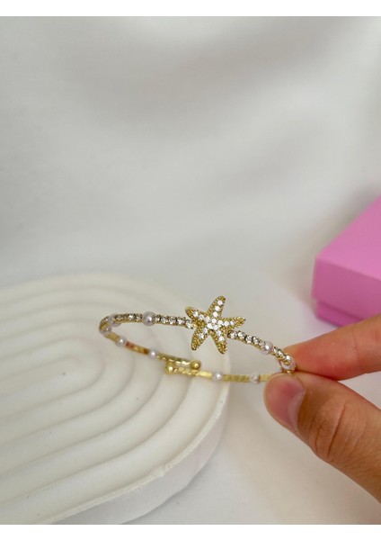 Taşlı Su Yolu Esnek Deniz Yıldızı Şık Bileklik Altın Gümüş Renk Sevgiliye Kız Arkadaşa Hediye Kutulu