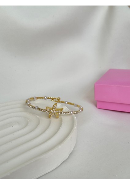 Taşlı Su Yolu Esnek Deniz Yıldızı Şık Bileklik Altın Gümüş Renk Sevgiliye Kız Arkadaşa Hediye Kutulu