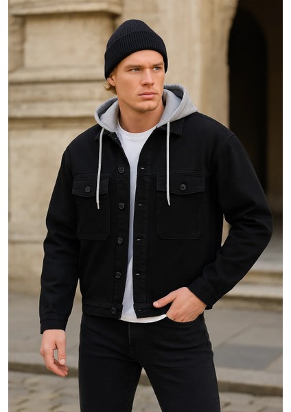 Erkek Bol Cep Oversize Kapşonlu Siyah Kot Ceket