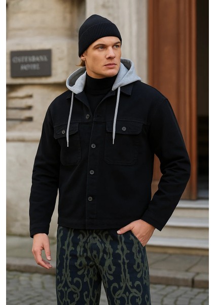Erkek Bol Cep Oversize Kapşonlu Siyah Kot Ceket fiyatları
