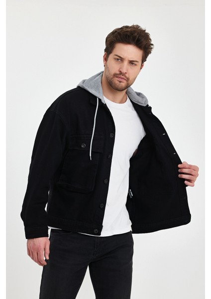 Erkek Bol Cep Oversize Kapşonlu Siyah Kot Ceket fırsatları