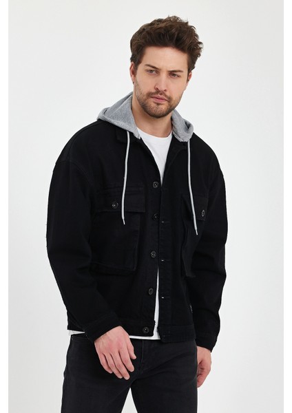 Erkek Bol Cep Oversize Kapşonlu Siyah Kot Ceket indirimleri