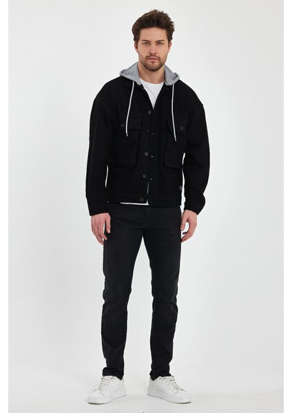 Erkek Bol Cep Oversize Kapşonlu Siyah Kot Ceket