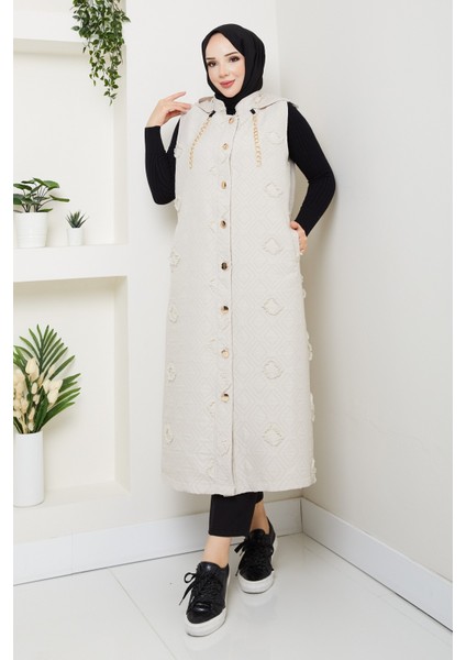 Kadın Kapüşonlu Cepli Jakarlı Kapitone Yelek -PMK444