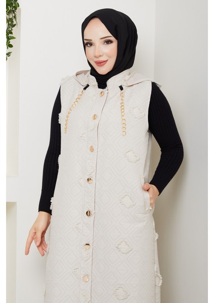 Kadın Kapüşonlu Cepli Jakarlı Kapitone Yelek -PMK444 fiyatları