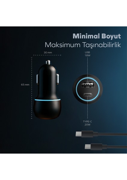Araç Şarj Aleti Çakmaklık Type-C + USB Girişli Kablolu Set 38W