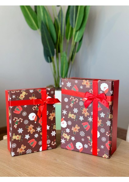 Yılbaşı Temalı 3 Lü Dekoratif Fiyonklu Hediye Kutusu Kahverengi Orta-Büyük Boy 35X25X13 cm