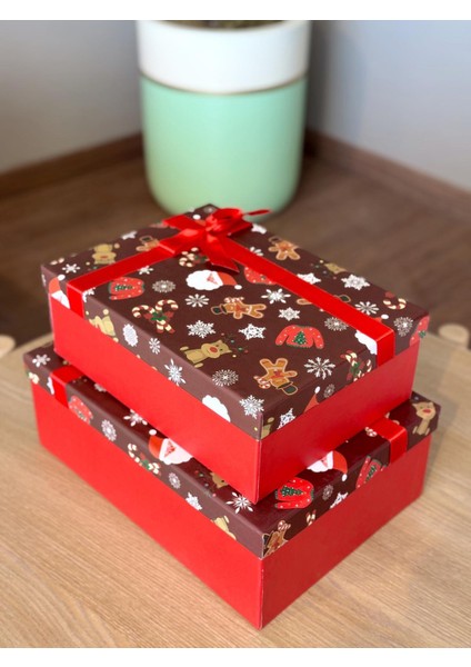 Yılbaşı Temalı 3 Lü Dekoratif Fiyonklu Hediye Kutusu Kahverengi Orta-Büyük Boy 35X25X13 cm fiyatları