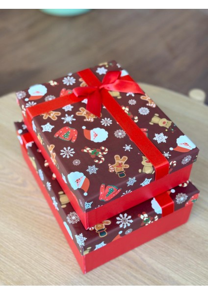 Yılbaşı Temalı 3 Lü Dekoratif Fiyonklu Hediye Kutusu Kahverengi Orta-Büyük Boy 35X25X13 cm fırsatları