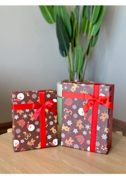 Yılbaşı Temalı 3 Lü Dekoratif Fiyonklu Hediye Kutusu Kahverengi Orta-Büyük Boy 35X25X13 cm indirimleri