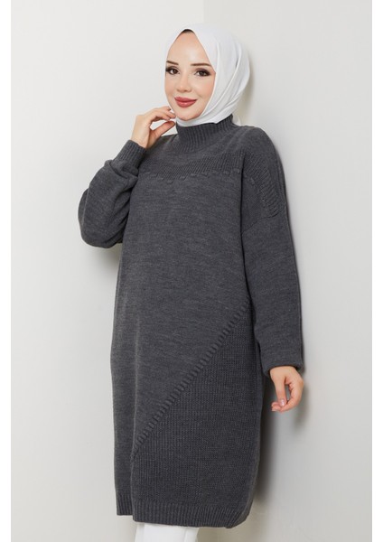 Kadın Yarım Balıkçı Yaka Örgü Detaylı Triko Tunik -PMK442