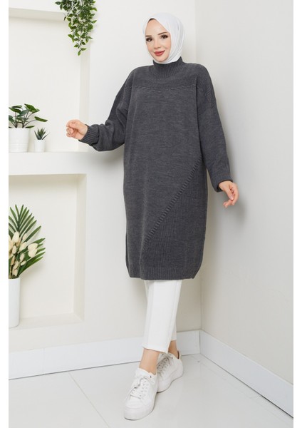 Kadın Yarım Balıkçı Yaka Örgü Detaylı Triko Tunik -PMK442 modelleri