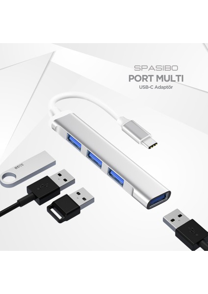 Port Multi Usb-C To USB 3.0 Adaptör | Hızlı Veri Transferi 4'ü 1 Arada Çok Fonksiyonlu Çözüm