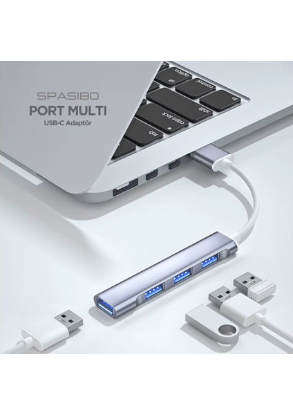 Port Multi Usb-C To USB 3.0 Adaptör | Hızlı Veri Transferi 4'ü 1 Arada Çok Fonksiyonlu Çözüm