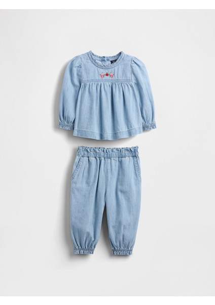Bebek Açık Mavi Denim Volanlı Outfit Set