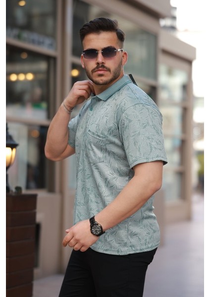 Erkek Yakalı Jakar Baskılı Kısa Kollu T-Shirt fiyatları