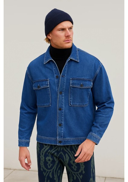 Erkek Büyük Göğüs Cepli Oversize Mavi Kot Ceket