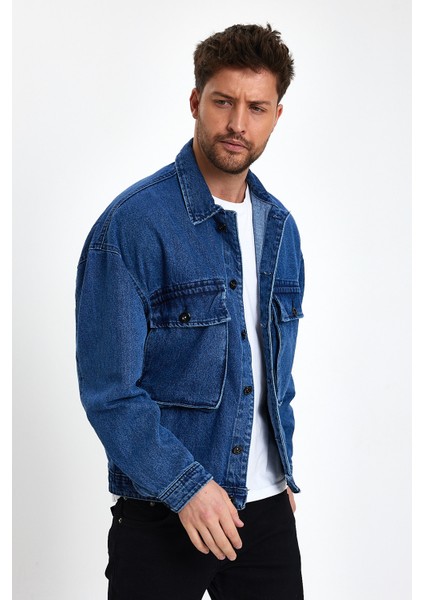 Erkek Büyük Göğüs Cepli Oversize Mavi Kot Ceket modelleri