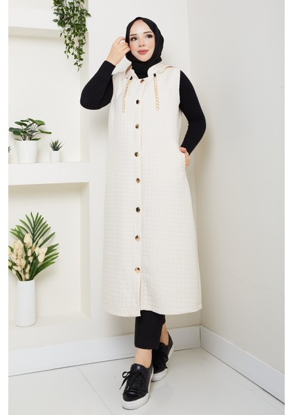 Kadın Büyük Beden Gold Detaylı Cepli Kapitone Yelek -PMK445